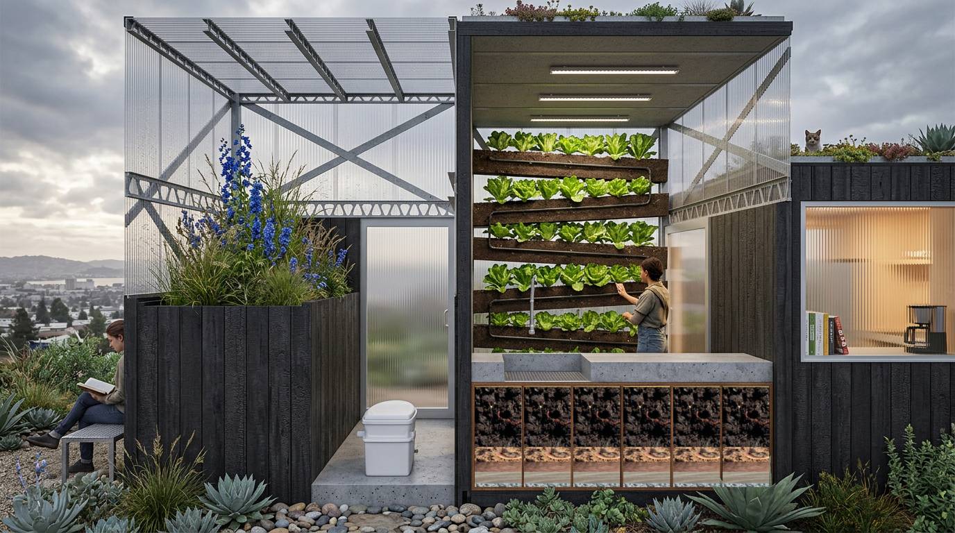 Section drawing with vertical food production and planted water systems